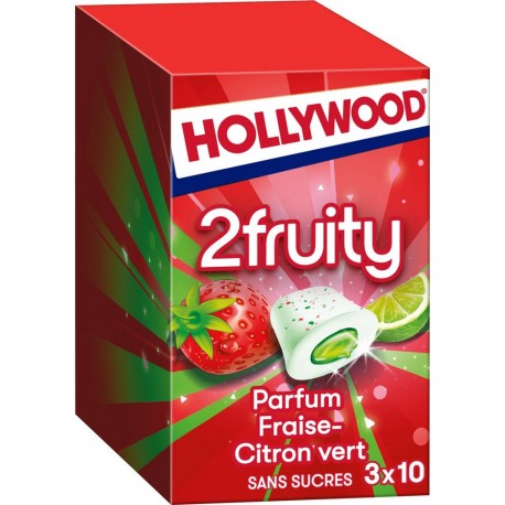 HOLLYWOOD Chewing gum 2 fruity fraise citron vert sans sucres les 3 boîtes de 10 dragées