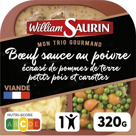 WILLIAM SAURIN Plat cuisiné bœuf sauce au poivre écrasé de pommes de terre, petits pois et carottes 320g