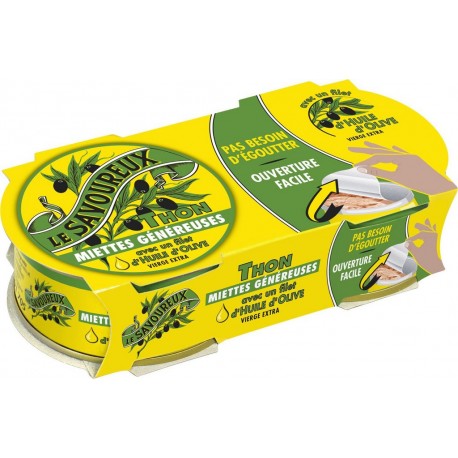 LE SAVOUREUX Miettes de Thon avec un Filet d'Huile d'Olive les 2 boîtes de 65g