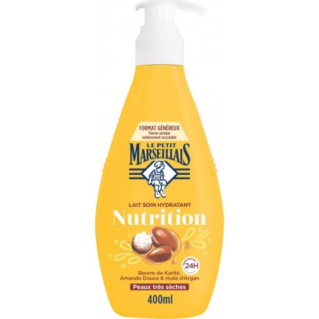 LE PETIT MARSEILLAIS Lait Corps Peau Très Sèche Nutrition Hydratante Beurre de Karité Amande Douce Huile d'Argan 400ml