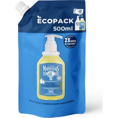 LE PETIT MARSEILLAIS Savon Liquide Recharge Mains Action Anti-Bactérienne à l'huile essentielle de sauge 500ml