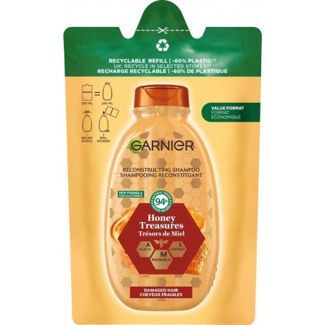 GARNIER Shampoing Reconstituant Cheveux Fragiles Miel Ultra Doux la recharge de 250ml
