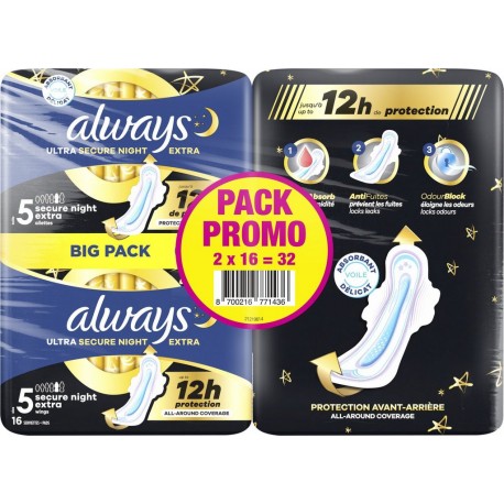 ALWAYS Serviettes Hygiéniques avec Ailettes Ultra Secure Nuit Extra Taille 5 lot de 2 paquets de 16 serviettes