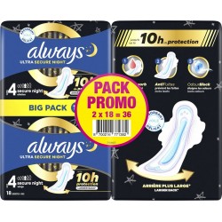 ALWAYS Serviettes Hygiéniques avec Ailettes Ultra Secure Night Taille 4 lot de 2 paquets de 18 serviettes