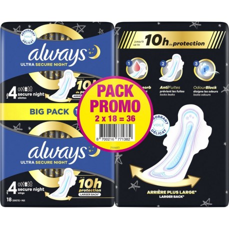 ALWAYS Serviettes Hygiéniques avec Ailettes Ultra Secure Night Taille 4 lot de 2 paquets de 18 serviettes