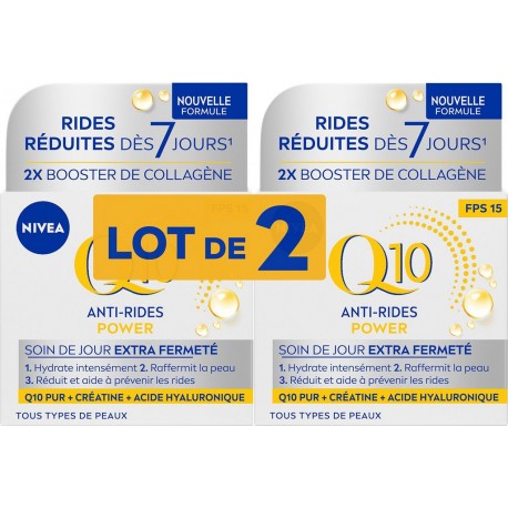 NIVEA Soin Visage Crème Jour Q10 Réduit les Rides Booster de Collagène lot de 2 pots de 50ml