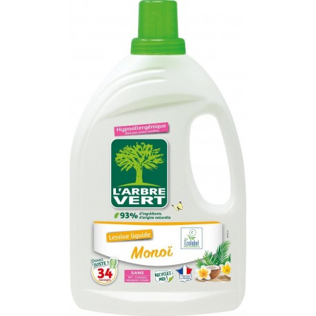 L'ARBRE VERT Lessive liquide Hypoallergénique Monoï Ecolabel le bidon de 1,53L