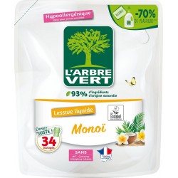 L'ARBRE VERT Lessive liquide Hypoallergénique Monoï Ecolabel 1,53L