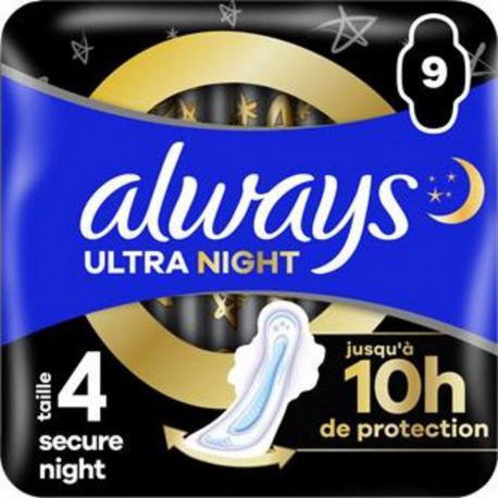 ALWAYS ULTRA NIGHT SERVIETTES SANITAIRES ULTRA MINCE NUIT T4 x9