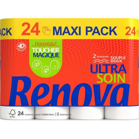 RENOVA Papier toilette Souple Doux Toucher Magique 2 Épaisseurs Ultra Soin Blanc FSC