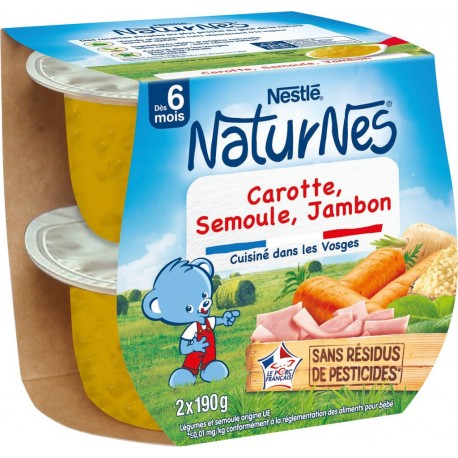 NESTLE Plat bébé Carotte semoule jambon les 2 pots de 190g