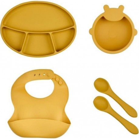 Silicone Pack Repas Jaune Miel Assiette, Bol, Bavoir Et Cuilleres