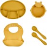 Silicone Pack Repas Jaune Miel Assiette, Bol, Bavoir Et Cuilleres