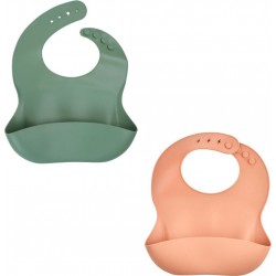 Silicone Lot De 2 Bavoirs 1 Vert Cactus + 1 Peche