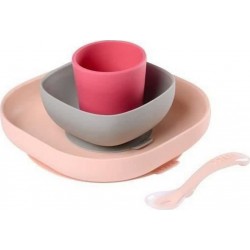 Silicone Coffret Repas Bébé Beaba Avec Ventouse Anti-dérapant 4 Pieces Rose