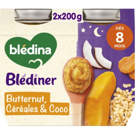 BLEDINA Plat Bébé Dès 8 mois Petits Morceaux Butternut Céréales et Coco Blediner 2x200g