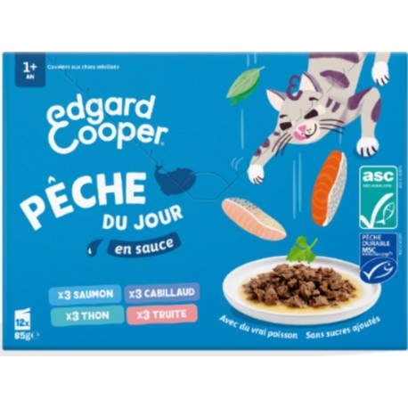 EDGARD COOPER Pâtée pour Chat Adulte en Sauce Saumon Cabillaud Thon Truite Pêche du Jour