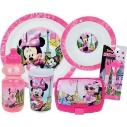 Disney Lot Vaisselle Minnie Fun House 006377 Verre, Assiette Creuse, Assiette Plate, Gourde, Boîte Goûter