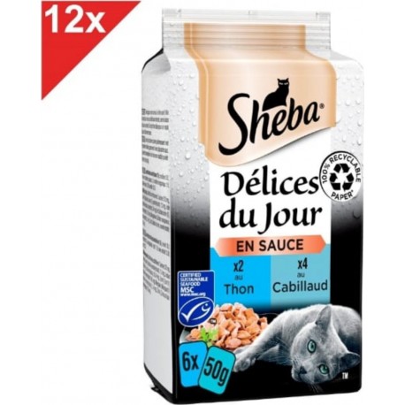 SHEBA Dã©lices Du Jour 72 Sachets Thon Cabillaud En Sauce Pour Chat 50g (12x6)