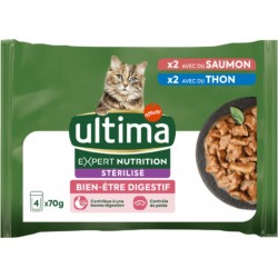 ULTIMA Pâtée pour Chat Adulte Stérilisé Thon Saumon Bien Etre Digestif