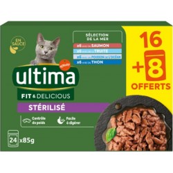 ULTIMA Pâtée Pour Chat Adulte En Sauce Stérilisé Contrôle du Poids Facile à Digérer Saumon Truite Poisson de l'Océan Thon Fit &