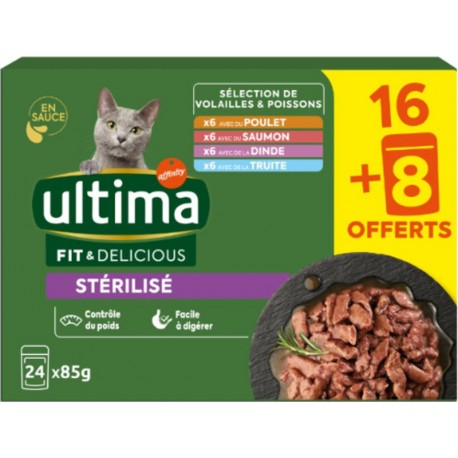 ULTIMA Pâtée Pour Chat Adulte Stérilisé En Sauce Contrôle du Poids Facile à Digérer Fit & Delicious