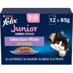 FELIX Pâtée pour Chat Junior Tendres Effilés en Gelée Poulet Saumon Boeuf Truite