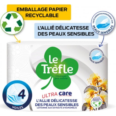 LE TREFLE Papier Toilette Ultra Care 4 Voiles pour Peaux Sensibles Lotionné aux Extraits d'Hamamélis