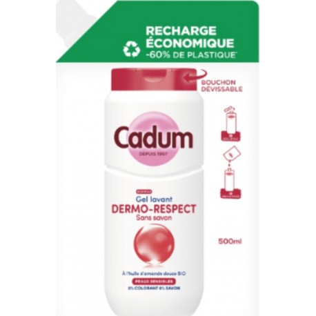 CADUM Gel Lavant Recharge Sans Savon Peaux Sensibles à l'Huile d'Amande Douce Dermo Respect 500ml