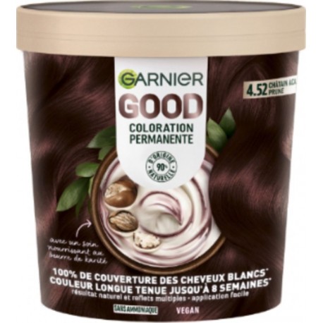 GARNIER Coloration Permanente 4.52 Châtain Acajou Prune Sans Ammoniaque Crémeuse 100% Couverture Cheveux Blancs Longue Durée Veg