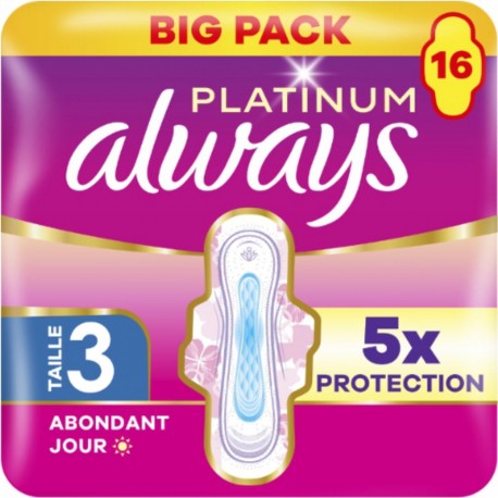 ALWAYS Serviettes Hygiéniques avec Ailettes Flux Abondant Taille 3 Platinum