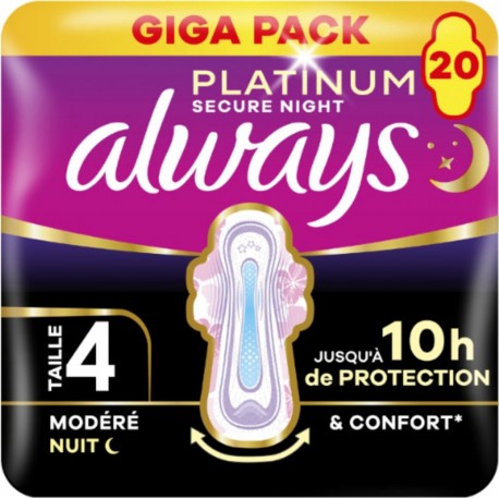 ALWAYS Serviettes Hygiéniques Platinum Secure Night Avec Ailettes Flux Modéré Nuit Taille 4