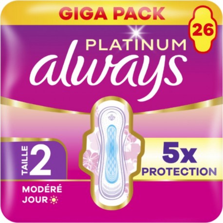ALWAYS Serviettes Hygiéniques Avec Ailettes Flux Modéré Jour Taille 2 Platinum