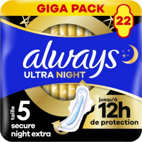 ALWAYS Serviettes Hygiéniques Avec Ailettes Secure Night Extra Taille 5 Ultra Night