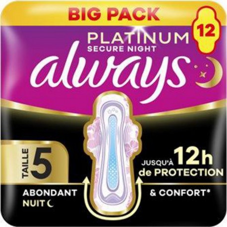 ALWAYS Serviettes Hygiénique Platinum Extra Protection Nuit Taille 5 12 serviettes