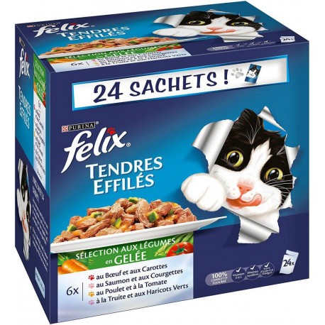 Felix Tendres Effilés en Gelée Viandes-Poissons avec Légumes Sachets Fraîcheur pour Chat Adulte 24x100g