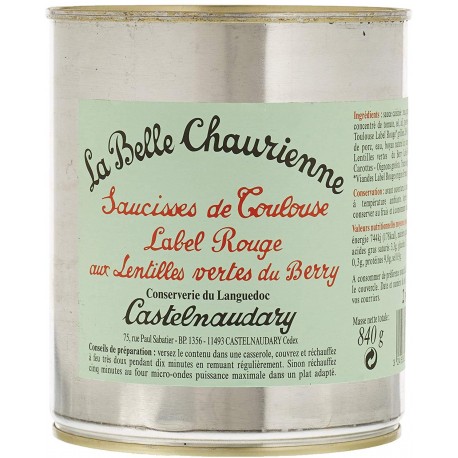 La Belle Chaurienne Saucisses de Toulouse Label Rouge aux Lentilles Vertes du Berry 840g