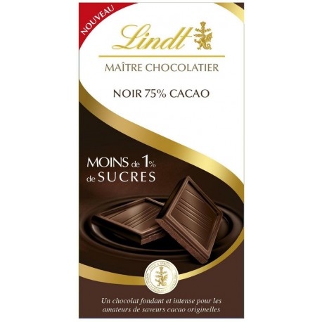 Lindt Maître Chocolatier Noir 75% Cacao Moins de 1% de Sucres 100g (lot de 8)