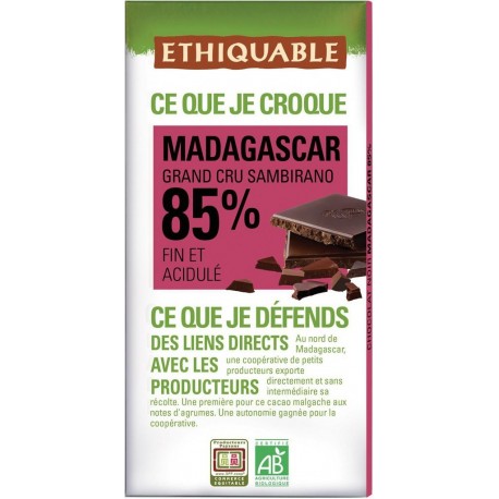 Ethiquable Madagascar Grand Cru Sambirano 85% Fin et Acidulé 100g (lot de 3)