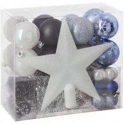 Kit de décoration pour Sapin de Noël Bleu Blanc et Noir 44 pièces