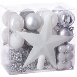 Kit de décoration pour Sapin de Noël Blanc et Gris 44 pièces (lot de 4)