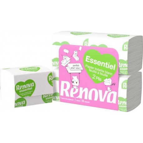 Renova Essentiel Papier Toilette Blanc Plat Pack 4 Paquets 180 Feuilles (lot de 6 packs de 4 paquets soit 24 paquets)