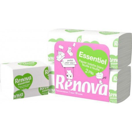 Renova Essentiel Papier Toilette Blanc Plat Pack 4 Paquets 180 Feuilles (lot de 12 packs soit 48 paquets)