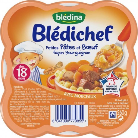 Blédina Blédichef Petites Pâtes et Boeuf façon Bourguignon (dès 18 mois) l’assiette de 260g (lot de 8)
