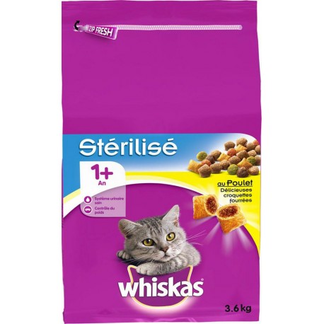 Whiskas Croquettes Chats Stérilisés 1+An au Poulet 3,6Kg (lot de 2)