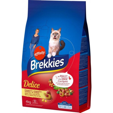 Brekkies Delice Croquettes Croquantes Fourrées au Jambon pour Chats au Poulet Dinde et Légumes 4Kg (lot de 3)