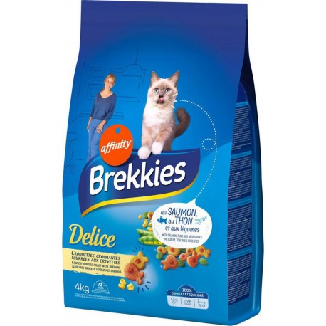 Brekkies Delice Croquettes Croquantes Fourrées aux Crevettes pour Chats au Saumon Thon et Légumes 4Kg (lot de 3)