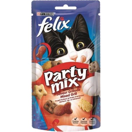 Felix Croquettes Chats Party Mix Saveur Grillade Boeuf Poulet Saumon 60g (lot de 10)