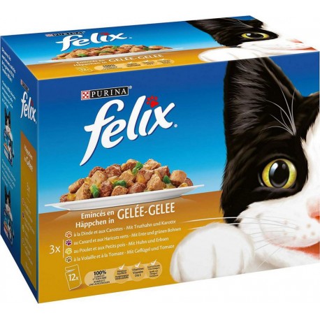 Felix Émincés en Gelée Repas Chat Adulte 4 Mix Volailles & Légumes - 12 Sachets de 100g (lot de 5)