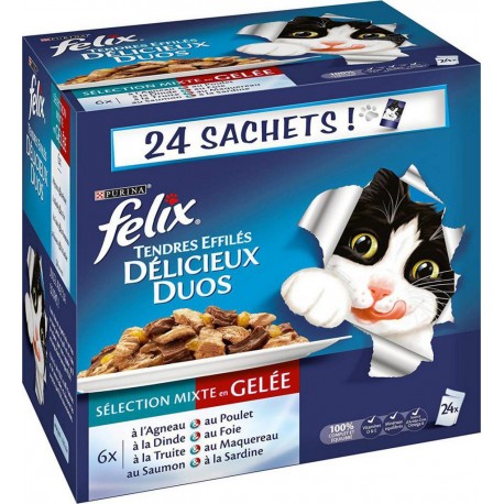 Felix Tendres Effilés Délicieux Mixte Viandes Poissons 100g par 24 sachets (lot de 4)